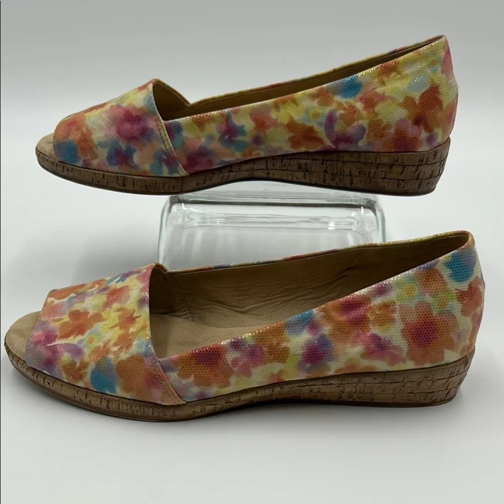 Michelle D Ellena Wedge Women's 10M Floral Slip On Peep Tow Yellow Pink